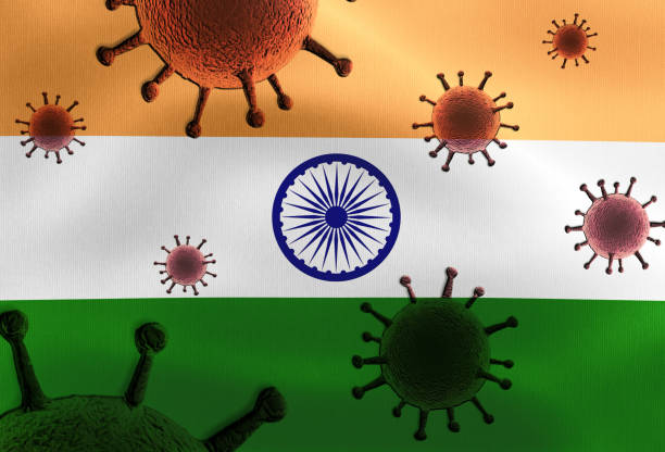 istock 3D-Illustration of an India flag with corona mutation virus on it. 1315022366