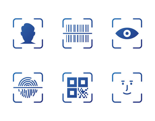 ilustrações de stock, clip art, desenhos animados e ícones de fingerprint, face id, barcode, eye and qr code scanner. identity biometric verification icon. qr code scan, barcode scan and face recognition icon set. security, id scanner icons. vector illustration - fingerprint scanner