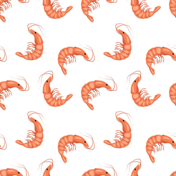 Seamless pattern with shrimps or prawns on a white background. Cute print for textiles, paper and other designs. A source of vitamins and healthy nutrition Seamless pattern with shrimps or prawns on a white background. Cute print for textiles, paper and other designs. A source of vitamins and healthy nutrition. Vector flat illustration prawn animal stock illustrations