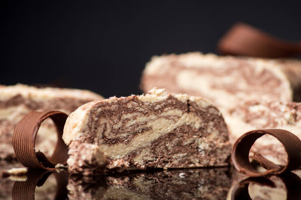 istock Halva with cacao pieces on dark background 1315022929