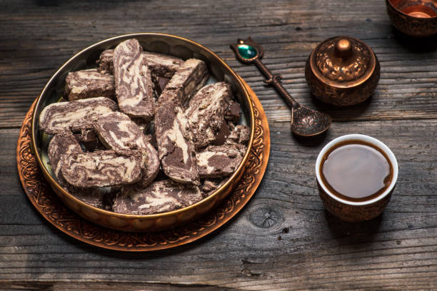 istock Halva with cacao pieces on a plate with Turkish coffee beverage 1315022973