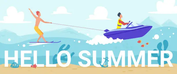 Vector illustration of Hello summer lettering, people water skiing in waves of tropical sea, riding waterski