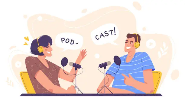 Vector illustration of Flat people in studio recording audio podcast