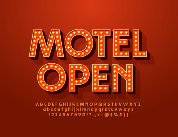 ilustrações de stock, clip art, desenhos animados e ícones de vector bright board motel open. light bulb set of alphabet letters and numbers - sign old fashioned motel sign retro revival