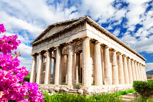 Cariatides Porch, Erechtheion on Acropolis of Athens against blue sky. Athens, Greece. Stock photo