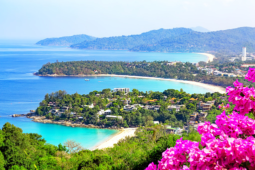 View point of Karon Beach, Kata Beach and Kata Noi in Phuket, Thailand. Beautiful turquoise sea and blue sky from high view point.