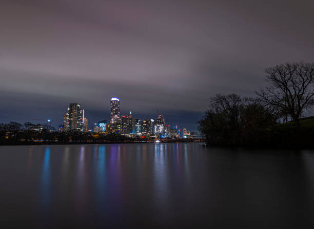 austin skyline from lady bird lake (town lake) (2) - highway nobody town urban road imagens e fotografias de stock