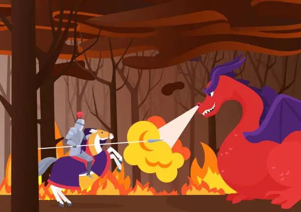 Vector illustration of Warrior knight fights dragon, hero riding horse with shield and spear in burning forest