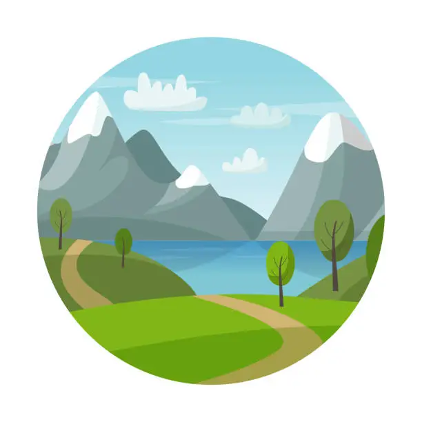 Vector illustration of Mountain vector landscape with green hills, trees, lake and road. Nature summer illustration. Circle logo. Nature tourism.