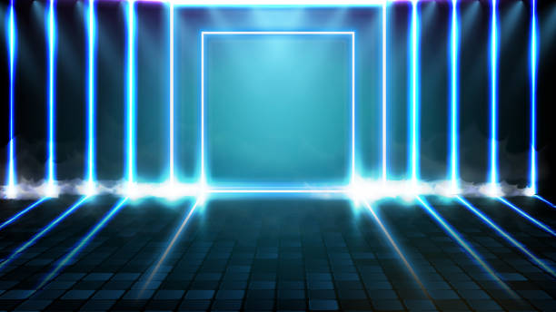 istock abstract futuristic background of blue neon square frame and lighting spotlgiht stage background 1315031030