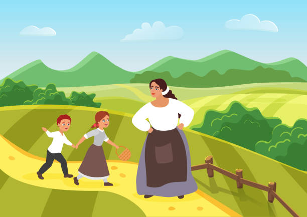 Beautiful happy peasant mother and children, medieval woman villager, son and daughter Beautiful happy peasant mother and children, medieval farmers family vector illustration. Cartoon woman villager character standing with son and daughter child on road through green farm village field farmer son stock illustrations