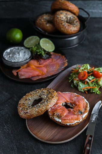 Whole Grain Breakfast Bagel with salmon lox and cream cheese
