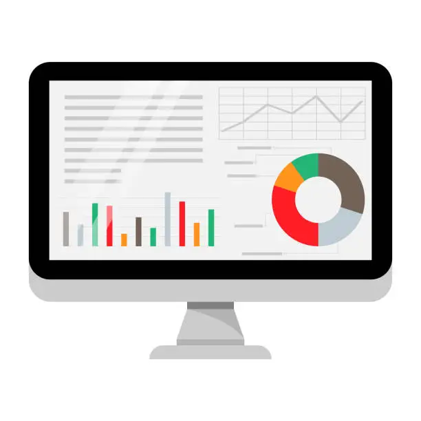 Vector illustration of Computer screen with business graph data, analysis trends, financial strategy, statistics, and infographic chart icons. Vector illustration.