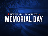 Memorial Day - Honoring All Who Served Holiday Card with Waving American Flag Over Dark Blue Background