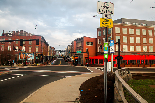 Norwalk, CT,USA  - April 10, 2021:  Downtown morning view from Washington Street