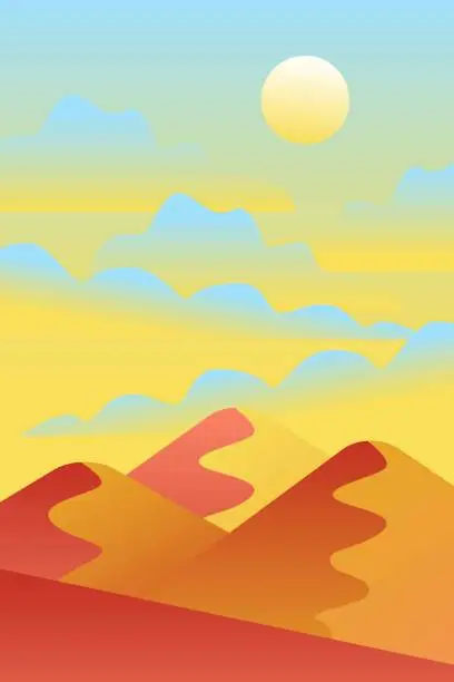 Vector illustration of Landscape with waves. Blue sun set sky. Yellow, orange, pink and red mountains silhouette. Sandy desert dunes. Nature and ecology. Vertical orientation. For social media, post cards and posters