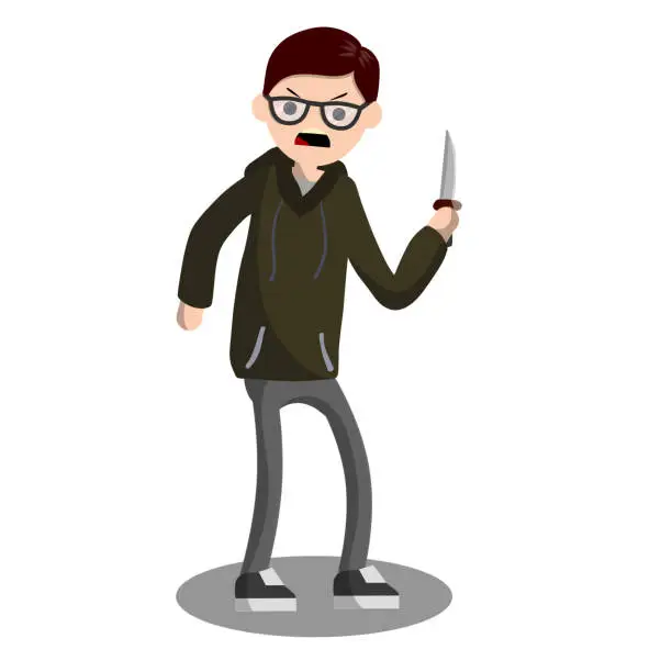 Vector illustration of Angry young man with a knife. The Street Crime. A criminal guy offender. A robber is a thief in a hoodie. Urban security problem - Cartoon flat illustration