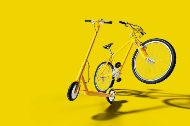 mountain bike and electric push scooter on yellow background - mountain cycling bicycle tire imagens e fotografias de stock