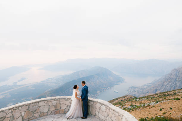 istock The bride and groom stand holding hands on the observation deck on Mount Lovcen overlooking the Bay of Kotor, top view 1315043634