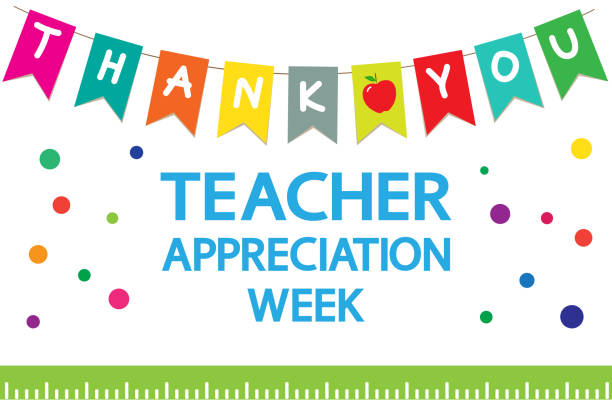Teacher Appreciation Week school banner. Garland of colored flags, text "thank you", apple, ruler on a white background, vector. Annual festive event. teacher appreciation week stock illustrations