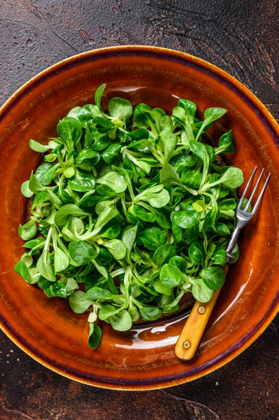 istock Fresh green corn salad leaves on a rustic plate. Dark background. Top view 1315060866