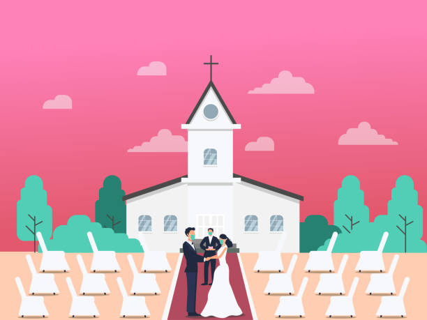 ilustrações de stock, clip art, desenhos animados e ícones de bridegroom having married at church yard - church wedding