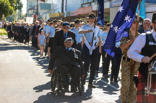 Lismore, Australia - April 25, 2021: Airforce veterans and cadets marching in the ANZAC Day parade