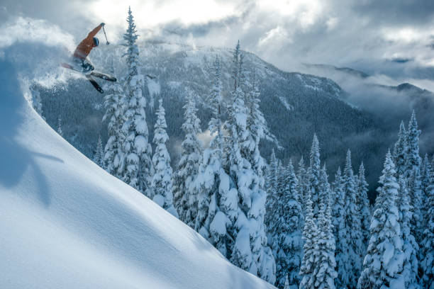 narciarz dostaje powietrze w głębokim proszku pokrytym śniegiem lesie - extreme sports confidence adventure danger zdjęcia i obrazy z banku zdjęć