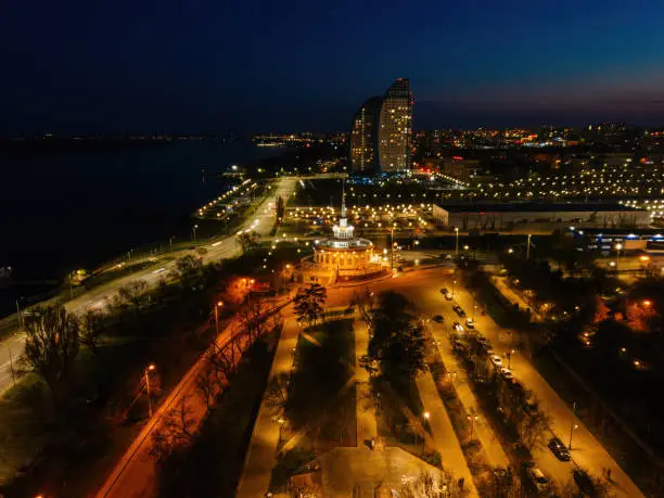 Volgograd embankment, promenade in the Park at night, aerial view from drone.