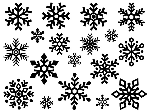 A set of snowflake silhouette illustrations of various sizes and shapes in paper cutting style