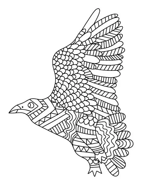 Vector illustration of Big wild flying bird zen art coloring page for adults stock vector illustration