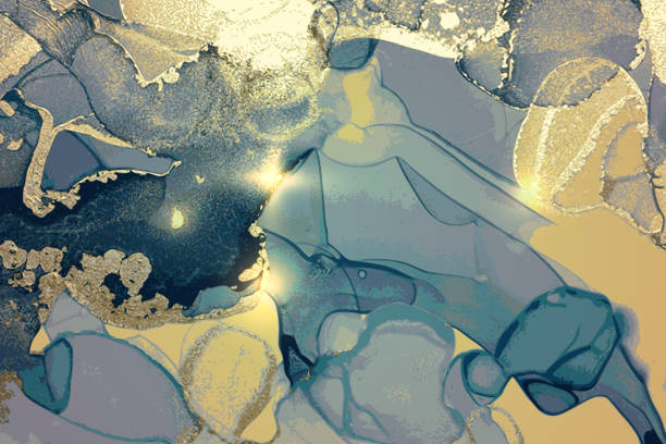 niebieskie, turkusowe i złote błyszczące abstrakcyjne marmurowe tło - macro backgrounds abstract dirty stock illustrations
