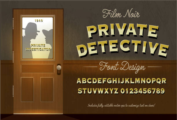 ilustraciones, imágenes clip art, dibujos animados e iconos de stock de film noir style detective o private investigator door with font design incluye letras mayúsculas y números conjunto de alfabeto - femme fatale