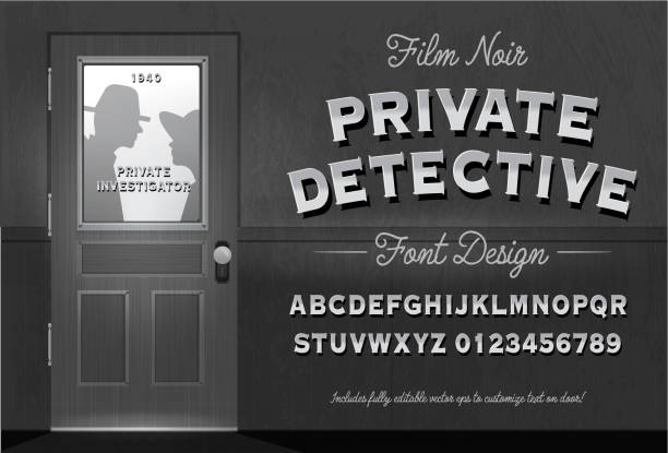 フォントデザインと映画ノワールスタイル探偵や私立探偵ドアは、大文字と数字のアルファベットセットが含まれています - femme fatale点のイラスト素材／クリップアート素材／マンガ素材／アイコン素材