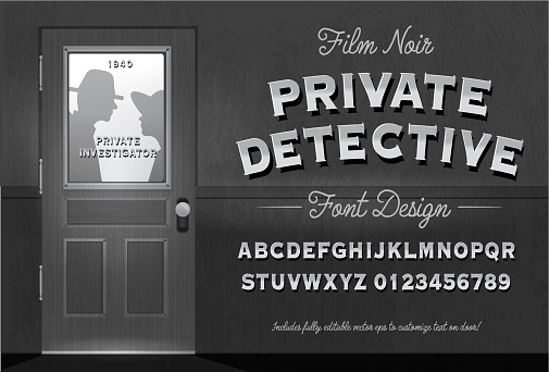 Vector illustration of a Film Noir style Detective or Private Investigator door with Font Design capital letter and number text alphabet set. Includes fully editable vector art to customize your own text on door. Includes all capital letters of the alphabet and numbers. Individually grouped for easy editing and customization. Includes textures. Download features vector EPS and high resolution jpg download.