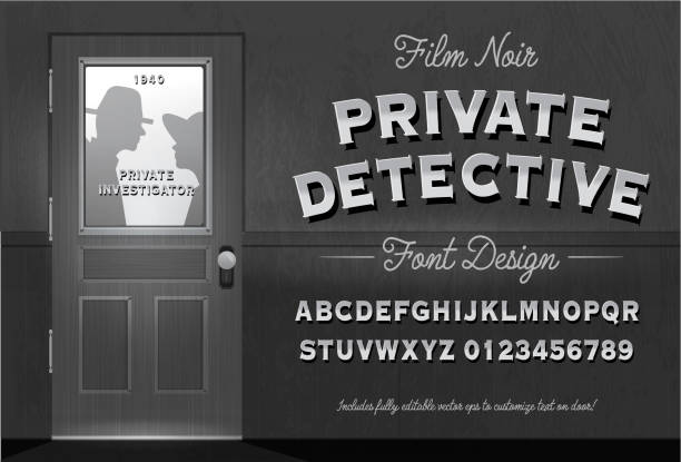 Film Noir style Detective or Private Investigator door with Font Design includes capital letters and numbers alphabet set Vector illustration of a Film Noir style Detective or Private Investigator door with Font Design capital letter and number text alphabet set. Includes fully editable vector art to customize your own text on door. Includes all capital letters of the alphabet and numbers. Individually grouped for easy editing and customization. Includes textures. Download features vector EPS and high resolution jpg download. film noir style stock illustrations