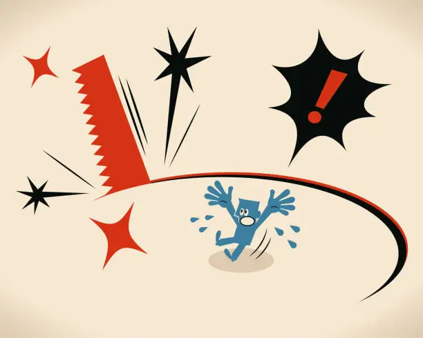 Vector illustration of The big saw is cutting the ground from under the blue man's feet