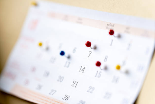 istock Closeup Colorful drawing pins on Calendar page with date 1315081168