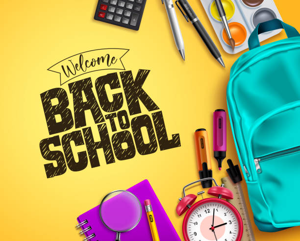 Back to school vector background design. Welcome back to school text with colorful educational Back to school vector background design. Welcome back to school text with colorful educational supplies in yellow space background. Vector illustration student backgrounds stock illustrations