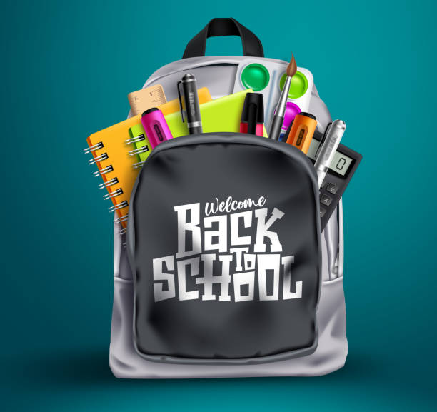 Back to school vector concept design. Welcome back to school in backpack with colorful supplies Back to school vector concept design. Welcome back to school in backpack with colorful supplies like notebook, marker, calculator and water color for educational design. Vector illustration school supplies stock illustrations