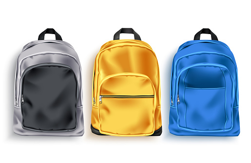 School bag vector set. School backpack and baggage 3d collection in gray, yellow and blue color for educational or travel elements isolated in white background. Vector illustration