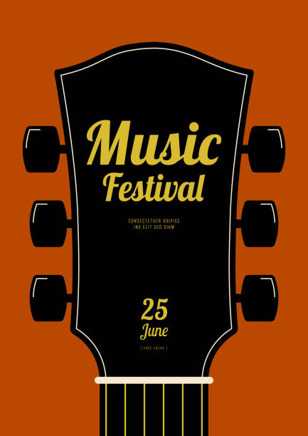 ilustraciones, imágenes clip art, dibujos animados e iconos de stock de cartel del festival de música plantilla de diseño de fondo decorativo con guitarra - guitarra