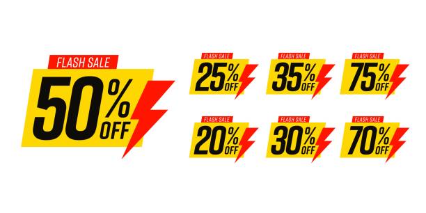 ilustraciones, imágenes clip art, dibujos animados e iconos de stock de serie vector flash venta amarillo conjunto de etiquetas y rayo - percentage sign flash