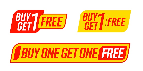 Bogo sticker template with buy one get one free offer set. Shop product and store goods badge, label with bonus special deal for customer vector illustration isolated on white background