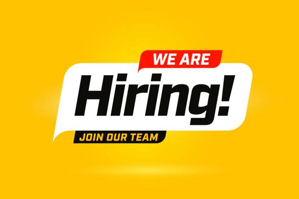 Hiring recruitment open vacancy design info label template Hiring recruitment open vacancy design info label template. We are hiring join to team announcement lettering in speech bubble chat box vector illustration isolated on yellow background recruitment patterns stock illustrations