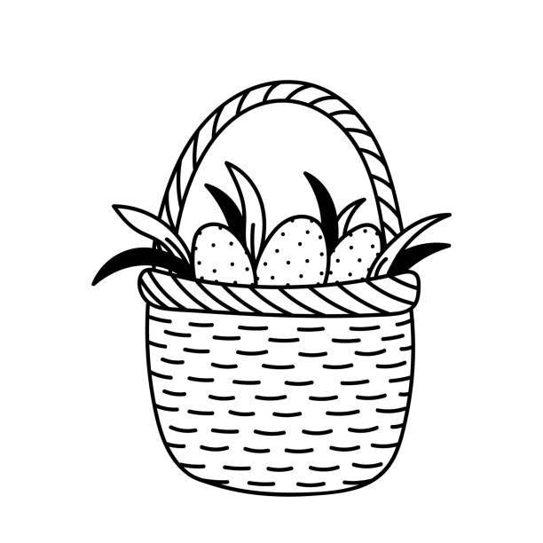 ilustraciones, imágenes clip art, dibujos animados e iconos de stock de cesta de mimbre con huevos de pascua al estilo doodle - picnic basket christianity holiday easter