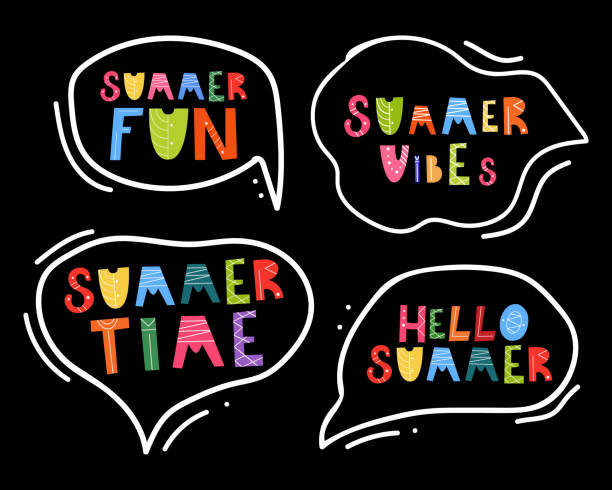 istock set of bubble with summer lettering. Bright, funny phrases on a dark background. Print for postcards, t-shirts, blog design, notebooks. Vector illustration, cartoon 1315100182