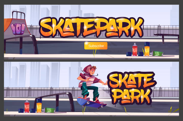 skatepark-banner mit jungen, die auf skateboard reiten - skateboard park ramp skateboard graffiti stock-grafiken, -clipart, -cartoons und -symbole