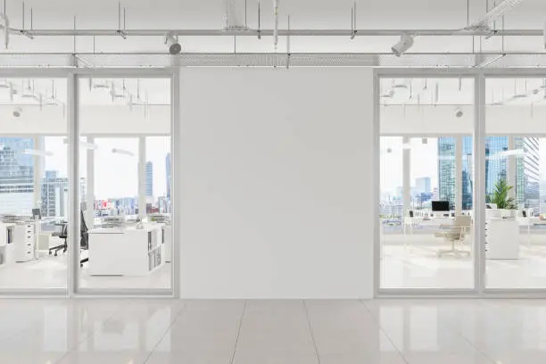 Modern Open Plan Office With White Blank Wall And Cityscape Background