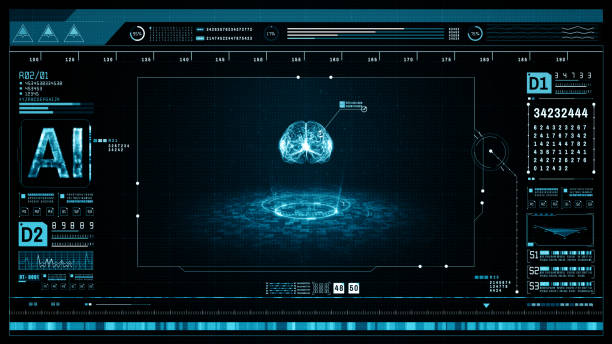 concetto di intelligenza artificiale. cervello su un circuito stampato e scansione. visualizzazione head up dell'interfaccia utente grafica. sfondo dello schermo digitale della tecnologia futura. rendering 3d - technology digital display digitally generated image brain foto e immagini stock